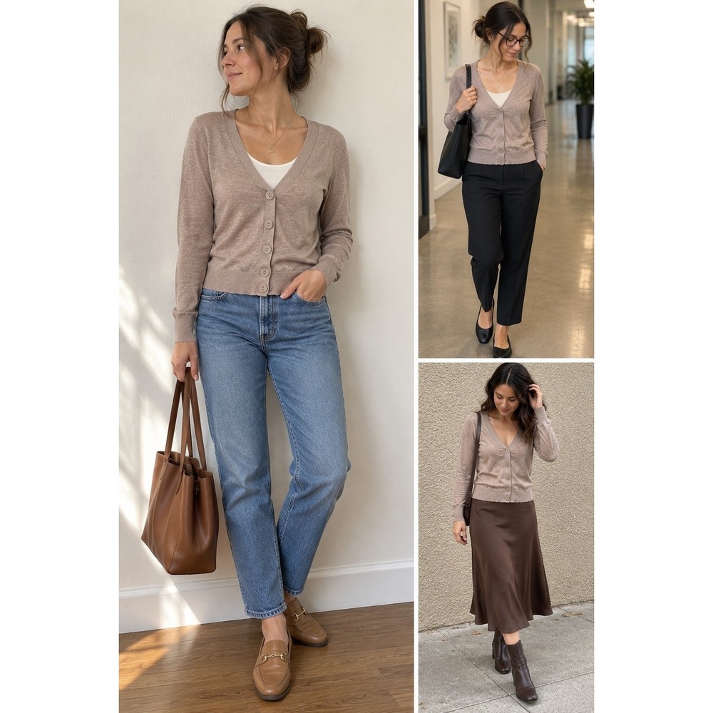 Banana Republic Cardigan Womens Petite XS Beige Cotton Blend V Neck Button Front